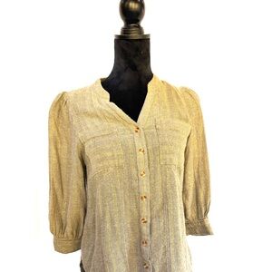 Akemi & Kin Anthropologie Women's Beige and Gold Pinstripe Button-Up Top